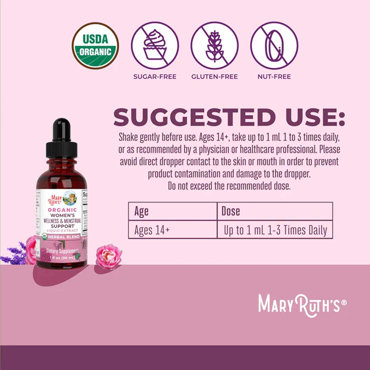 Dark red glass dropper bottle with black cap on pink background showing USDA organic, sugar-free, gluten-free, and nut-free c