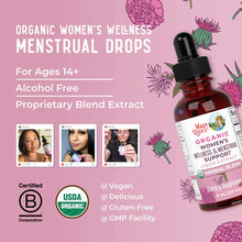 Dark glass bottle with black dropper top containing red liquid herbal extract on pink background with floral illustrations an