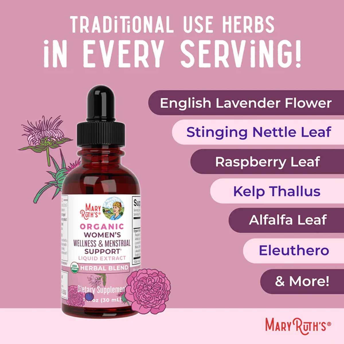 Dark amber glass dropper bottle of MaryRuth's Organics Women's Wellness & Menstrual Support liquid extract on pink background