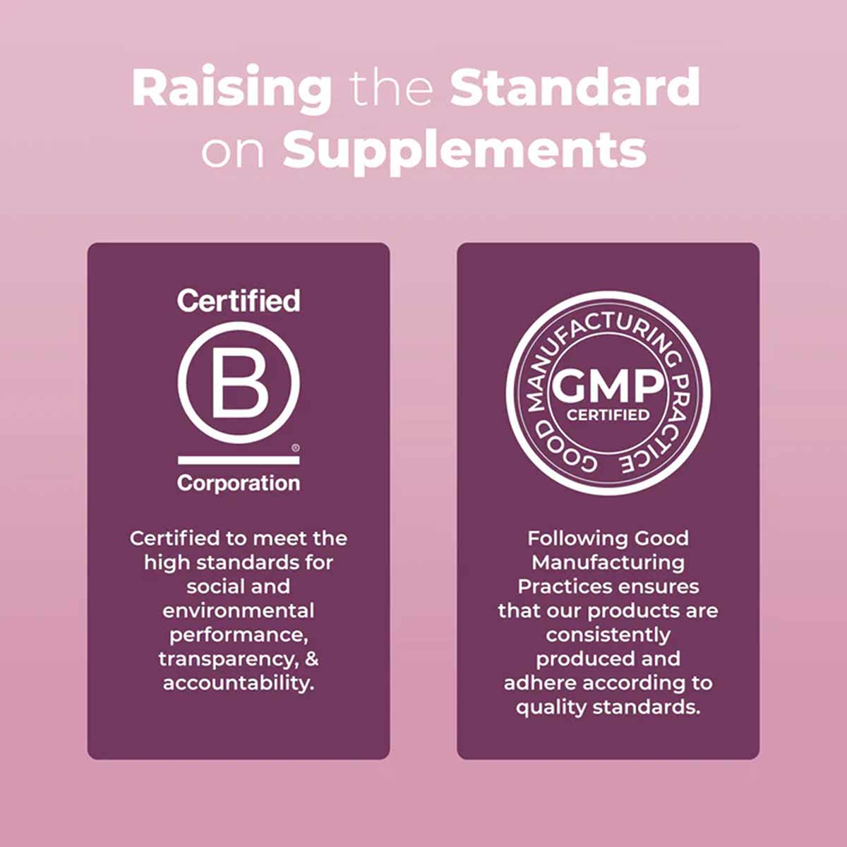 Two purple certification badges on pink background: Certified B Corporation and GMP Certified manufacturing logos with descri