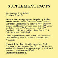 Supplement Facts label for Original Bitters by Urban Moonshine on yellow background, listing herbal extract blend and ingredi