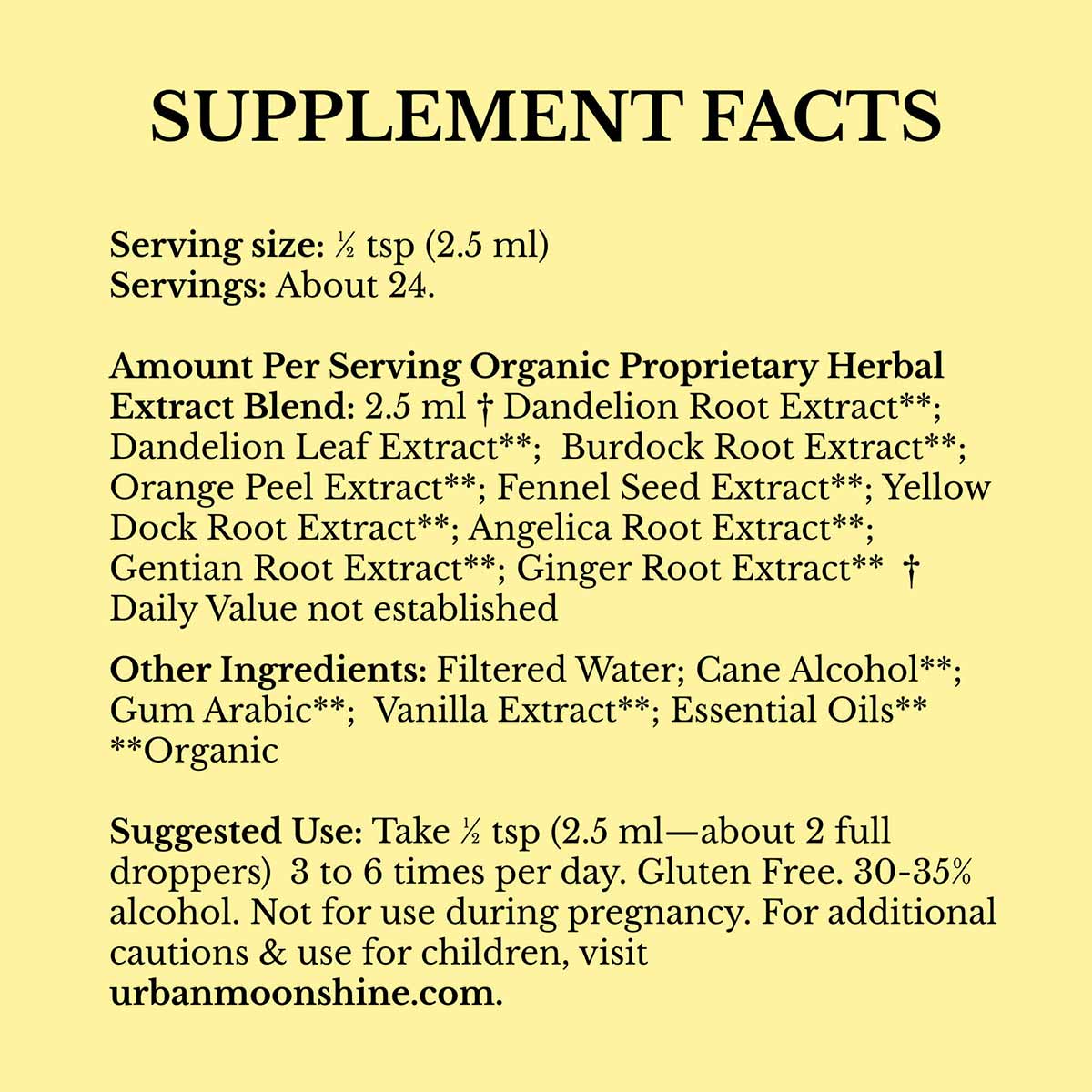 Supplement Facts label for Original Bitters by Urban Moonshine on yellow background, listing herbal extract blend and ingredi