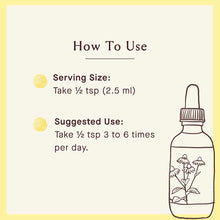 Dark glass dropper bottle with herb illustration and usage instructions on cream background with yellow border.
