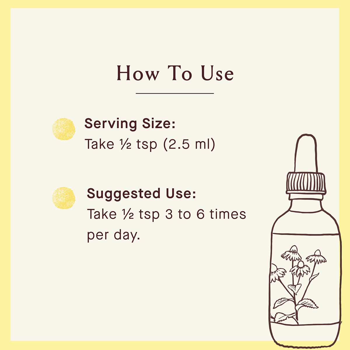 Dark glass dropper bottle with herb illustration and usage instructions on cream background with yellow border.