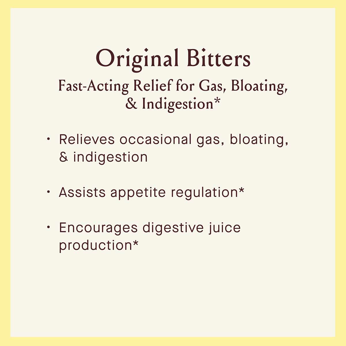 Urban Moonshine Original Bitters product label with text describing relief for gas, bloating, and indigestion benefits.