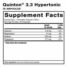 Quinton 3.3 Hypertonic supplement facts label showing 30 ampoules with mineral content and ingredients.