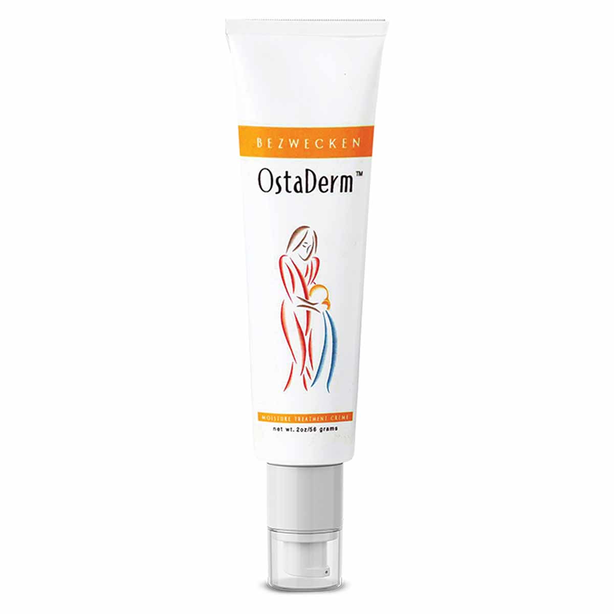 White tube of OstaDerm creme by Bezwecken with orange band and illustrated figure graphic on label.
