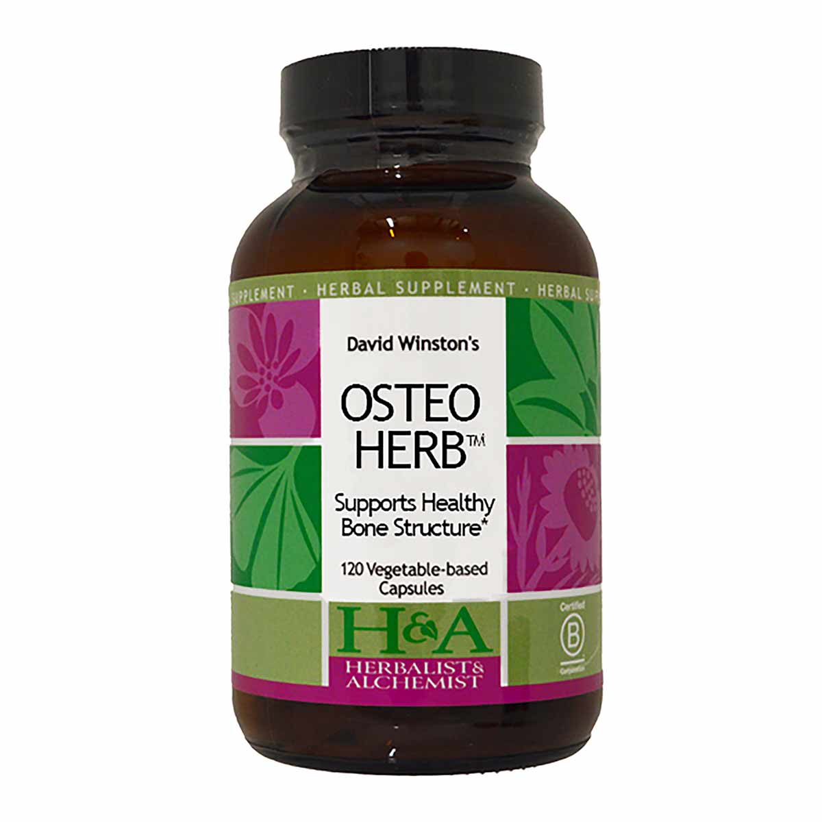 Brown glass bottle of Osteo Herb vegetable-based capsules with colorful label featuring floral designs and black cap.