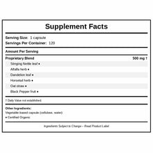 Supplement Facts label showing 120 servings per container with proprietary blend of herbs including stinging nettle, alfalfa,