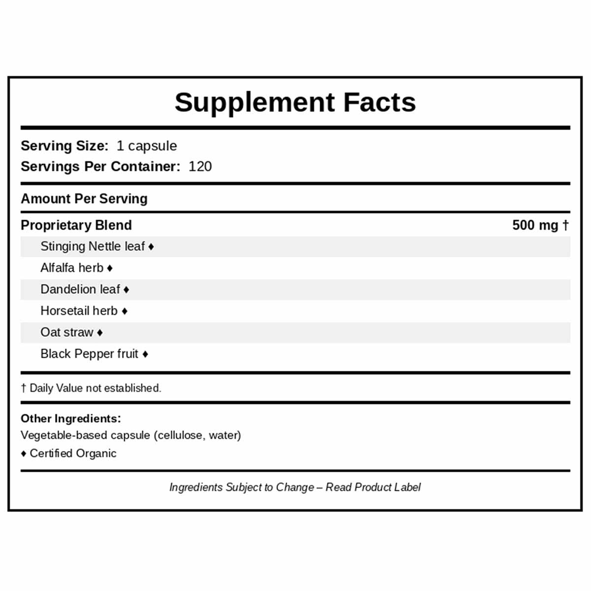 Supplement Facts label showing 120 servings per container with proprietary blend of herbs including stinging nettle, alfalfa,
