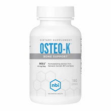 White bottle of Osteo-K dietary supplement with blue text and NBI hexagon logo, containing 180 capsules.