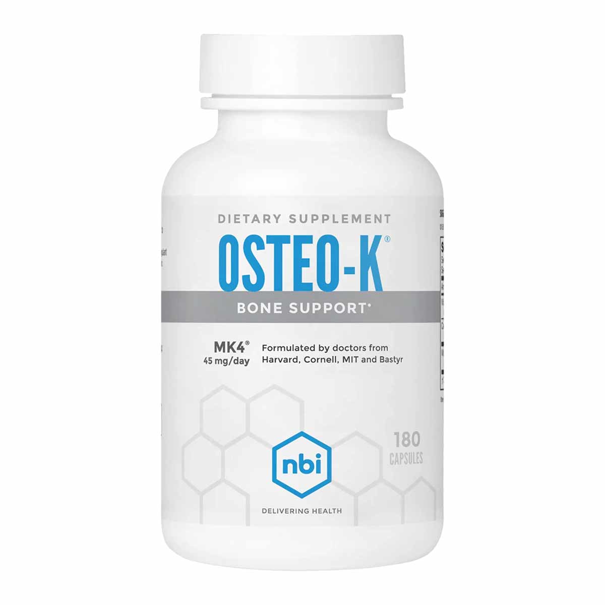 White bottle of Osteo-K dietary supplement with blue text and NBI hexagon logo, containing 180 capsules.