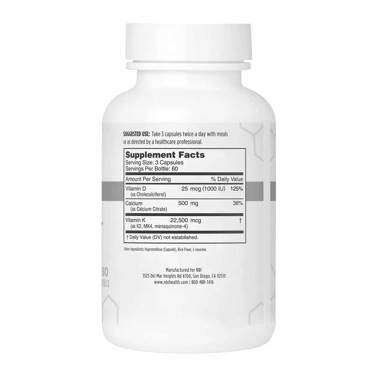 White supplement bottle with white cap displaying Supplement Facts label containing Vitamin D, Calcium, and Vitamin K informa
