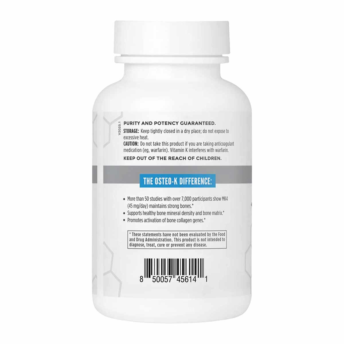 White cylindrical bottle of Osteo-K vegetarian capsules with white cap and product information label.