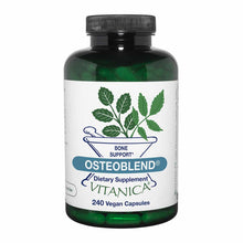 A dark green bottle with a black cap and white label reads OsteoBlend by Vitanica, containing 240 vegan capsules.