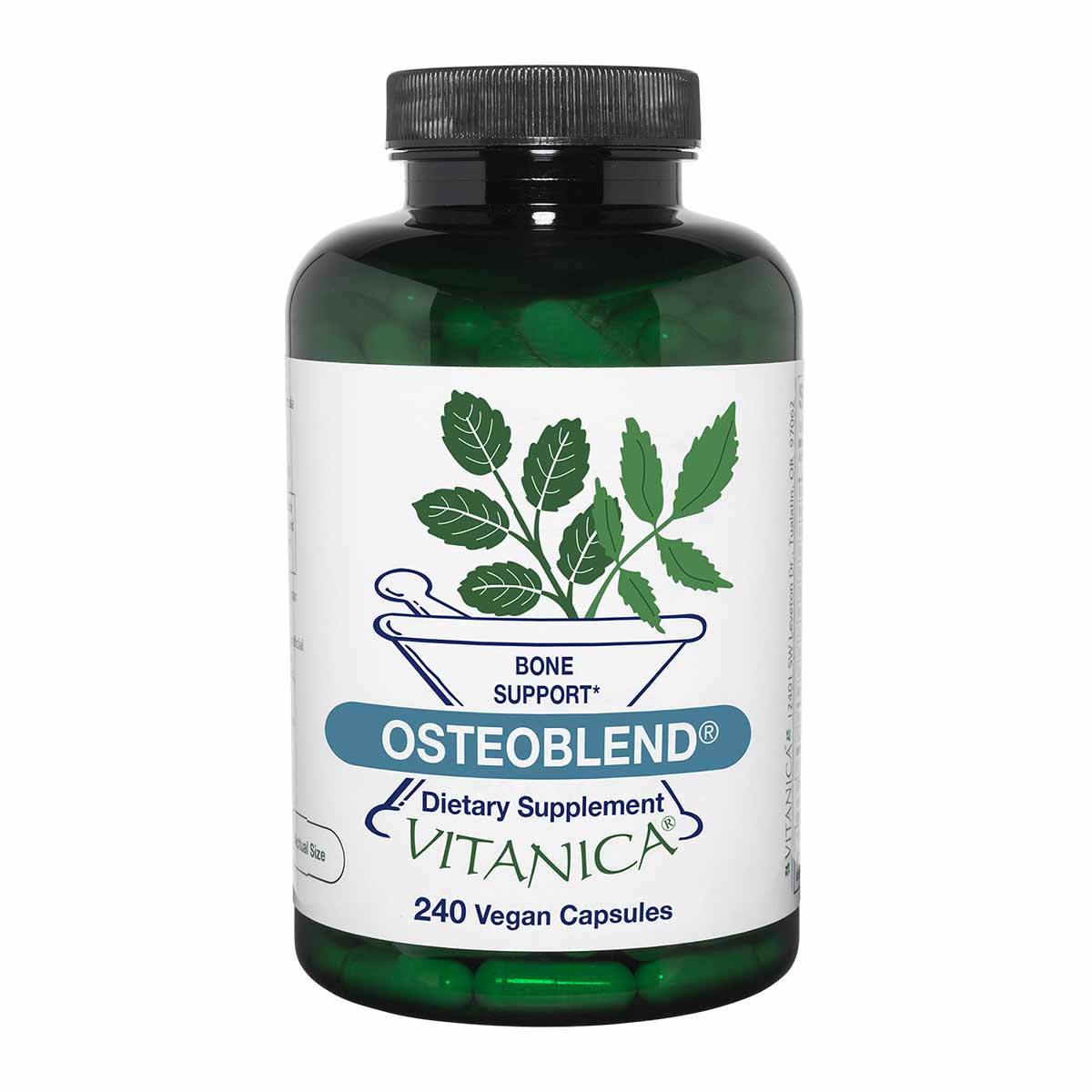 A dark green bottle with a black cap and white label reads OsteoBlend by Vitanica, containing 240 vegan capsules.