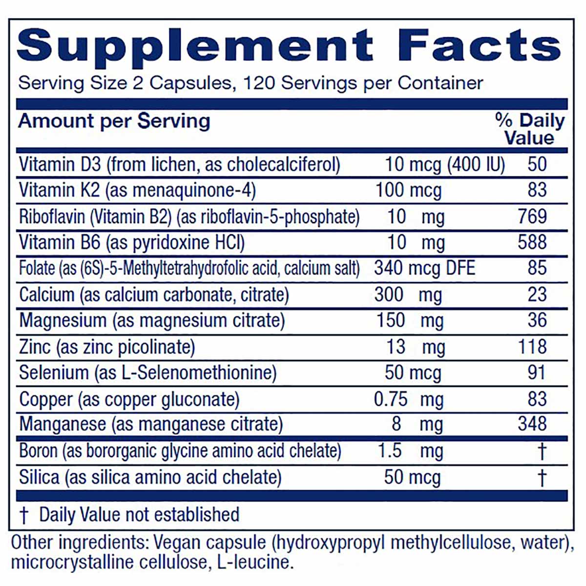 A Supplement Facts label lists a serving of two capsules with vitamins and minerals including D3, K2, calcium, magnesium, zinc, boron, and silica.