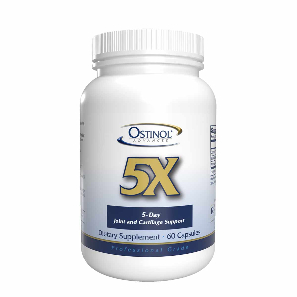 White bottle of Ostinol Advanced 5X dietary supplement with blue and gold label, containing 60 capsules.