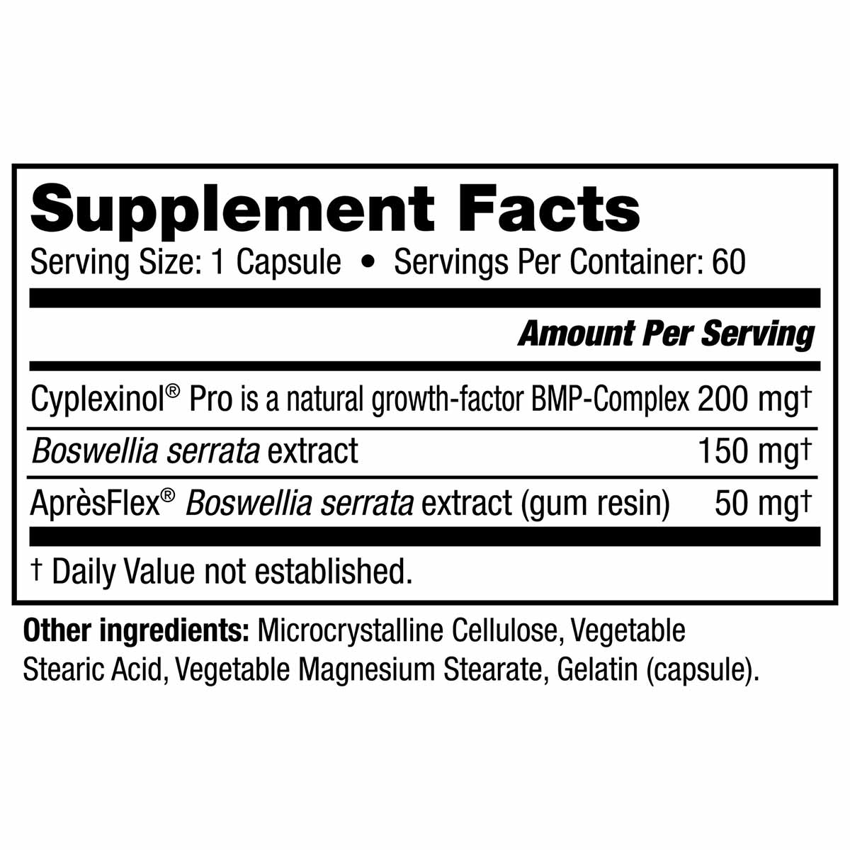 Supplement Facts label for Ostinol Advanced 5X showing serving size of 1 capsule, 60 servings per container, with ingredients