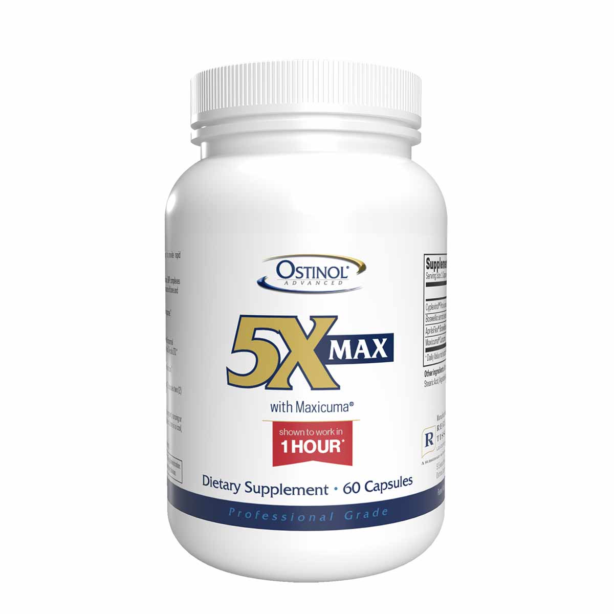 White supplement bottle with white cap labeled Ostinol Advanced 5X Max with Maxicuma, 60 capsules.