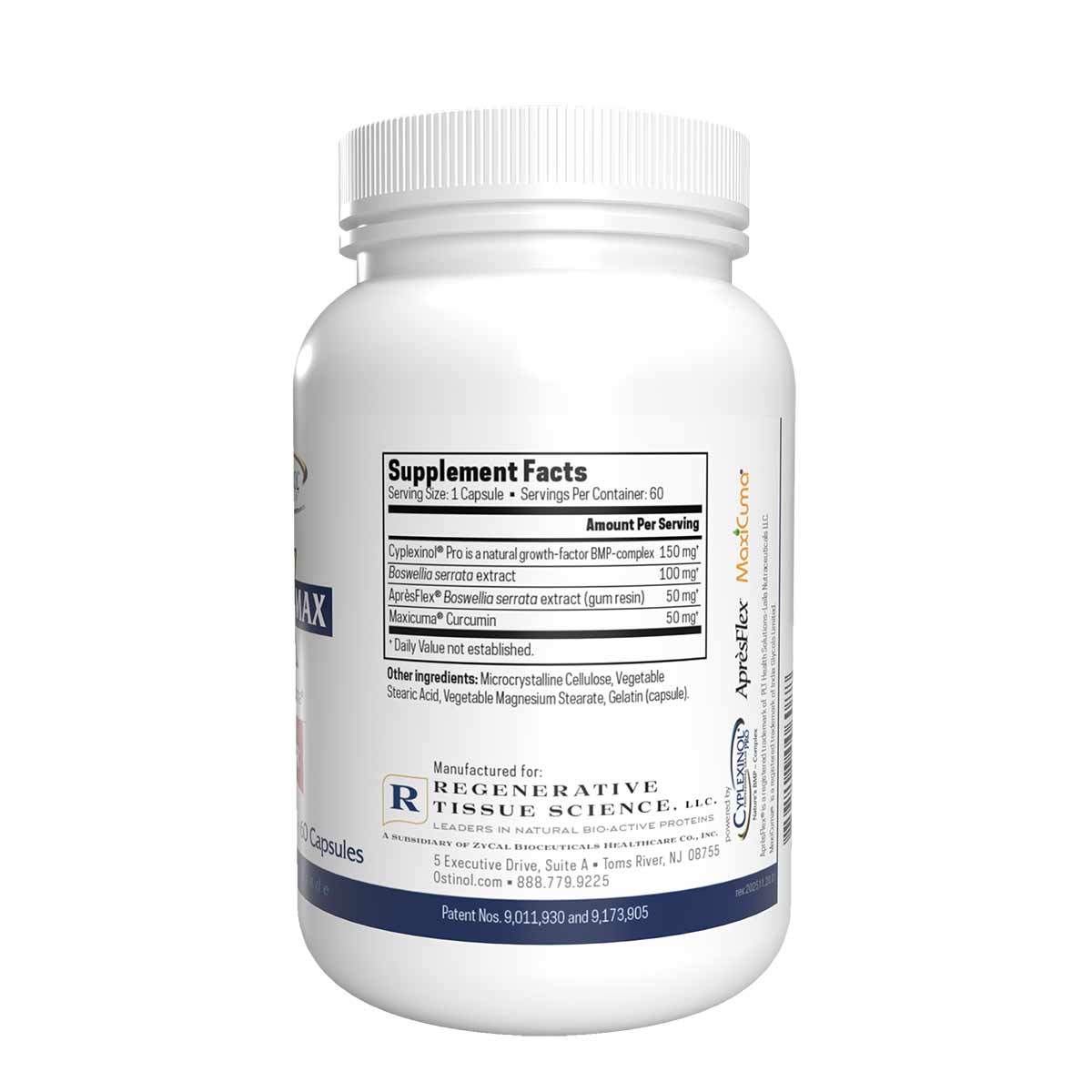 White supplement bottle with white cap containing 60 capsules, featuring Supplement Facts label and Regenerative Tissue Scien