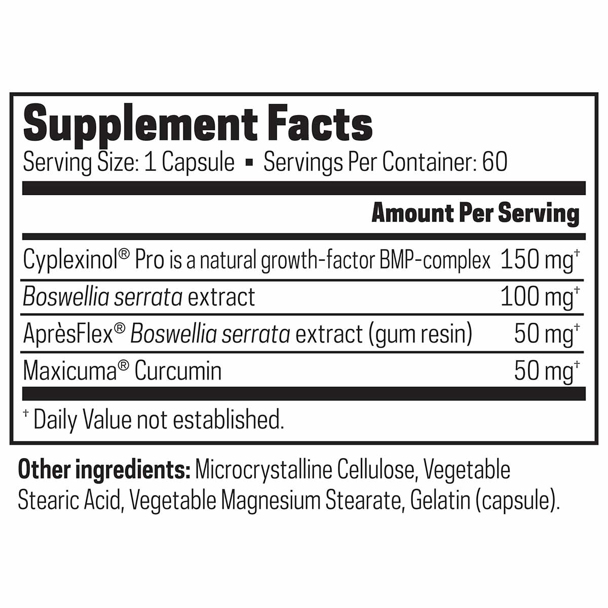 Supplement Facts label showing serving size of 1 capsule with 60 servings per container and ingredient amounts including Cypl