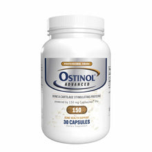 White bottle of Ostinol Advanced 150 capsules with blue and gold label, 30-count dietary supplement container.