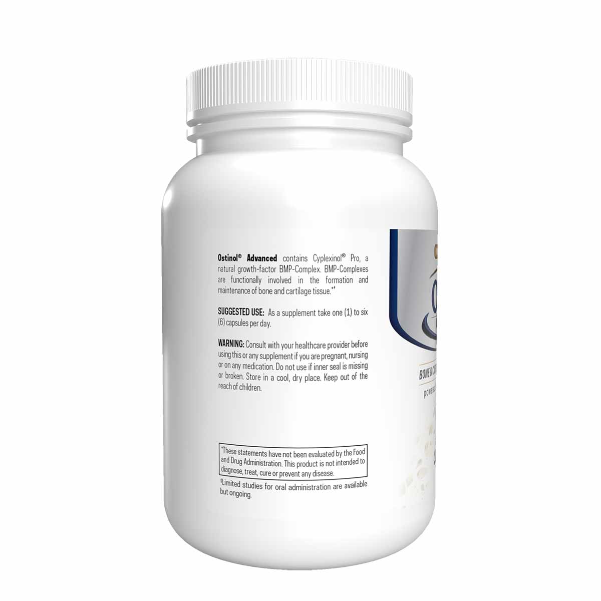 White plastic bottle with white ribbed cap containing 30 capsules of Ostinol Advanced 150 supplement by ZyCal Bioceuticals.