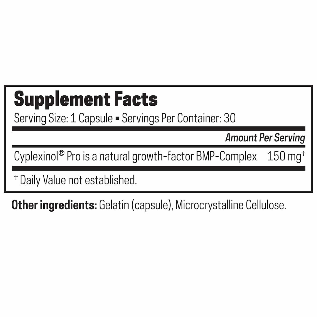 Supplement Facts label showing 30 capsules per container with 150 mg Cyplexinol Pro per serving and gelatin capsule ingredien