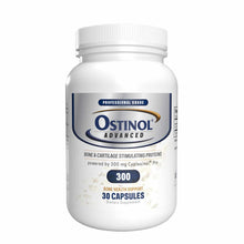 White plastic bottle with white screw cap containing Ostinol Advanced 300 capsules, labeled with navy and gold branding.