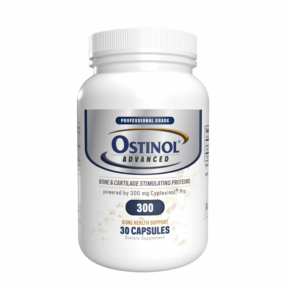 White plastic bottle with white screw cap containing Ostinol Advanced 300 capsules, labeled with navy and gold branding.