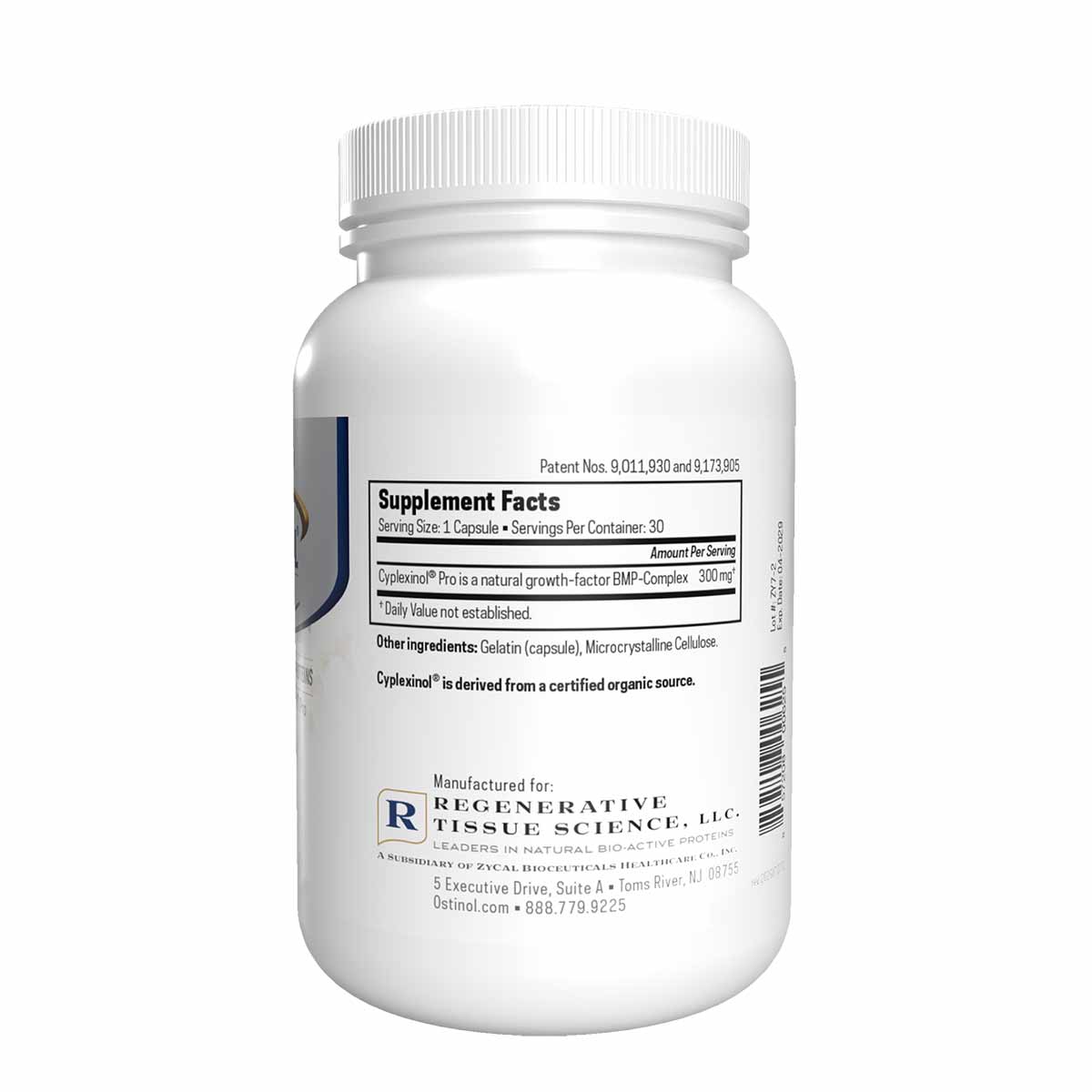 White supplement bottle with white ribbed cap containing 30 capsules, labeled with Supplement Facts and manufactured by Regen