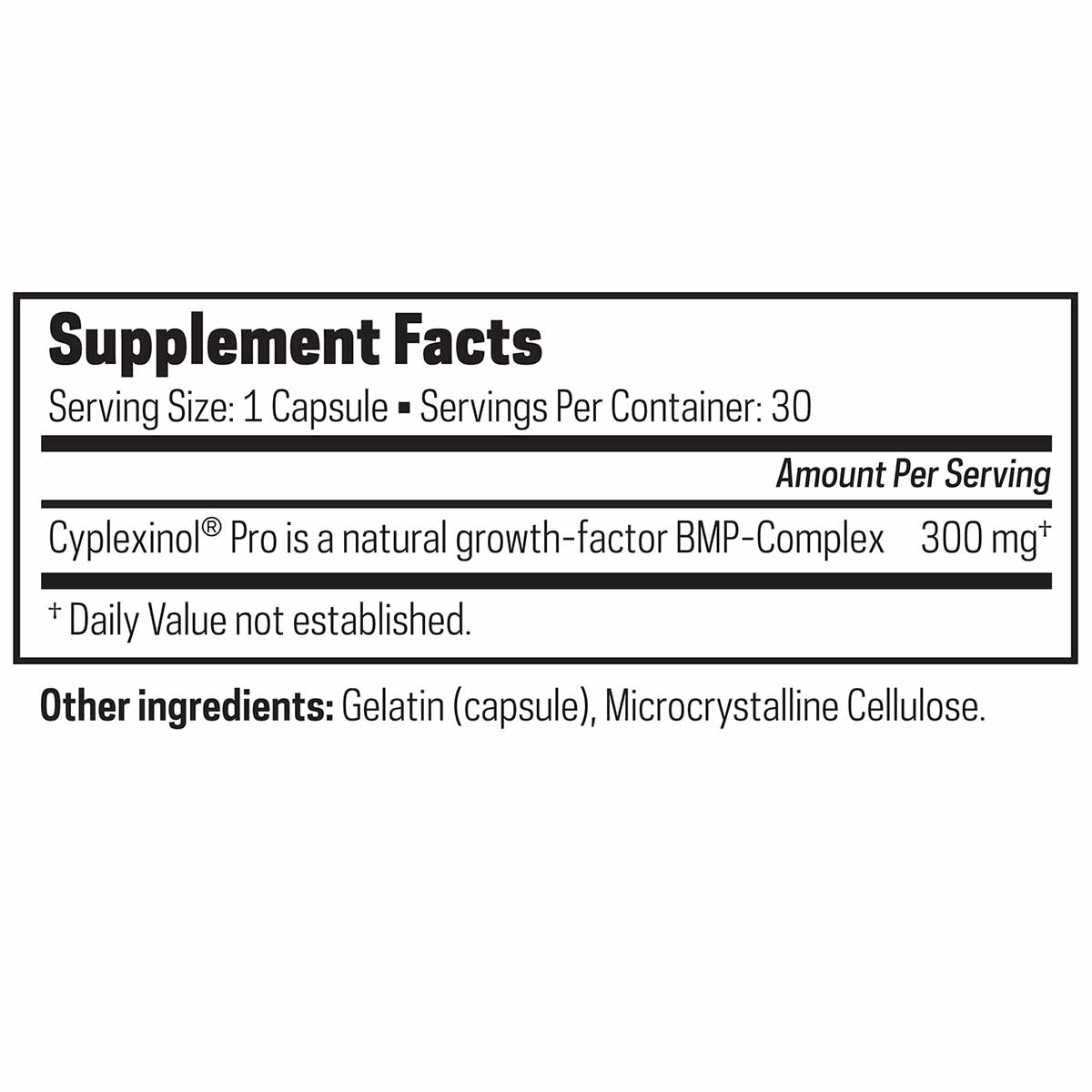 Supplement Facts label showing 30 capsules per container with 300 mg Cyplexinol Pro per serving.