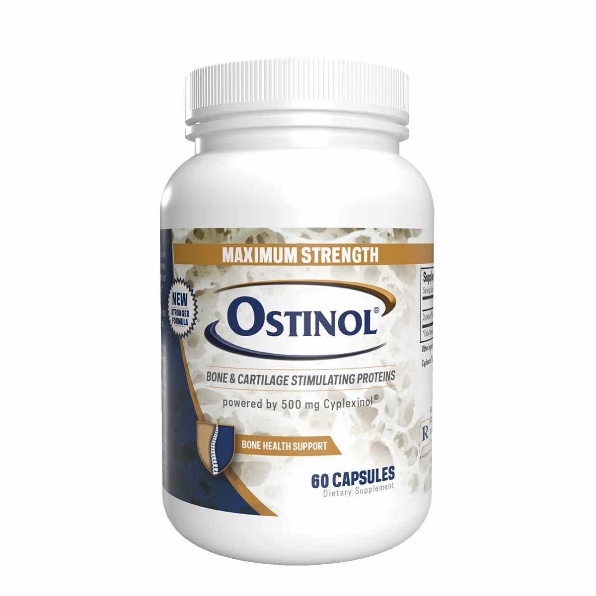 White bottle of Ostinol Maximum Strength 500 mg dietary supplement with blue and gold label, containing 60 capsules.