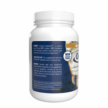 White supplement bottle with white ribbed cap and dark blue label containing product information and usage instructions.