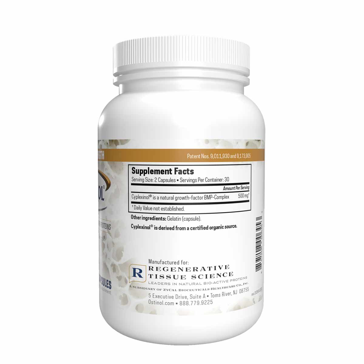 White supplement bottle with ribbed cap, tan label band, and Supplement Facts panel showing Ostinol 500mg capsules by Regener