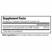 Supplement Facts label showing serving size of 2 capsules, 30 servings per container, with 500 mg Cyplexinol per serving.