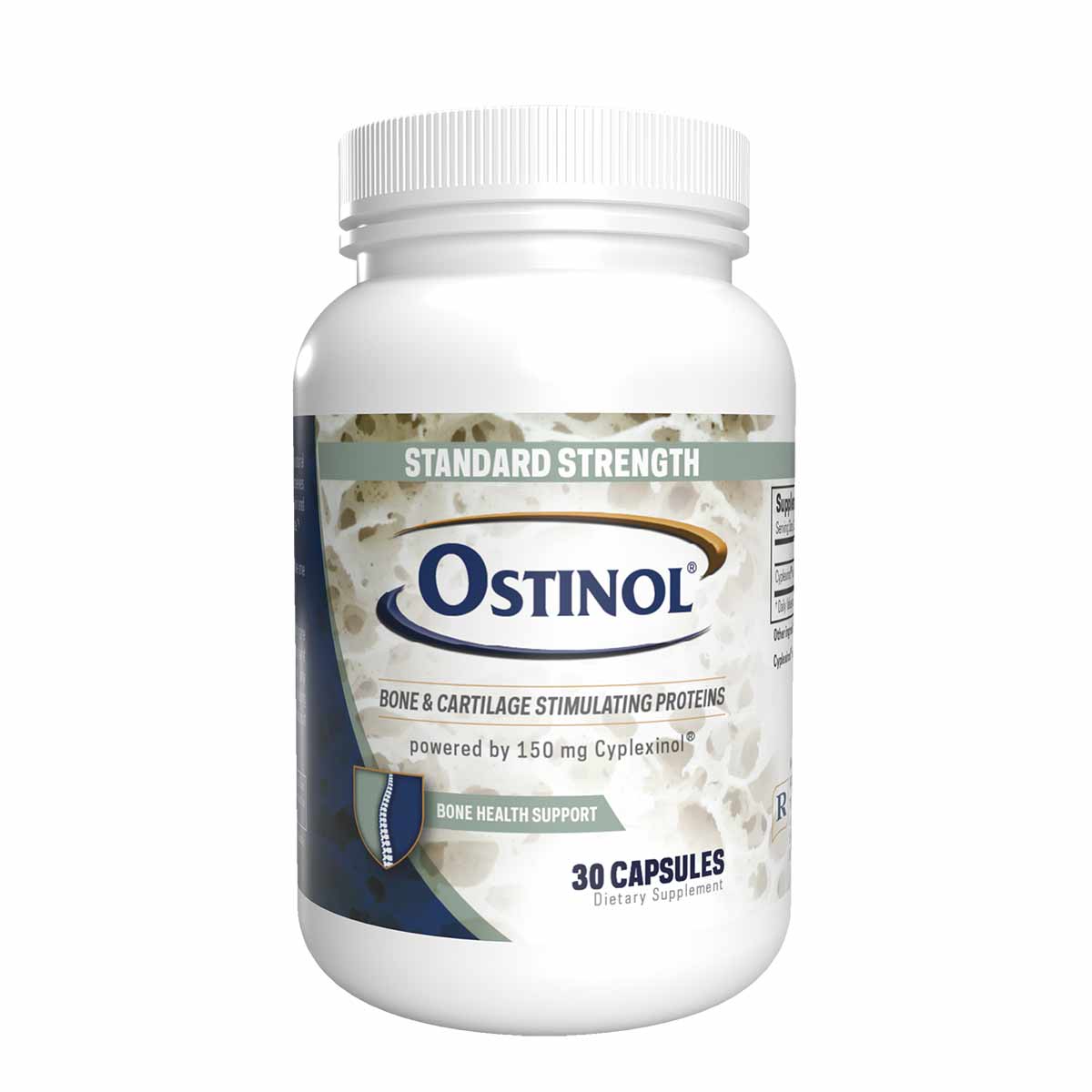 White bottle of Ostinol Standard Strength containing 30 capsules with blue and green label design.