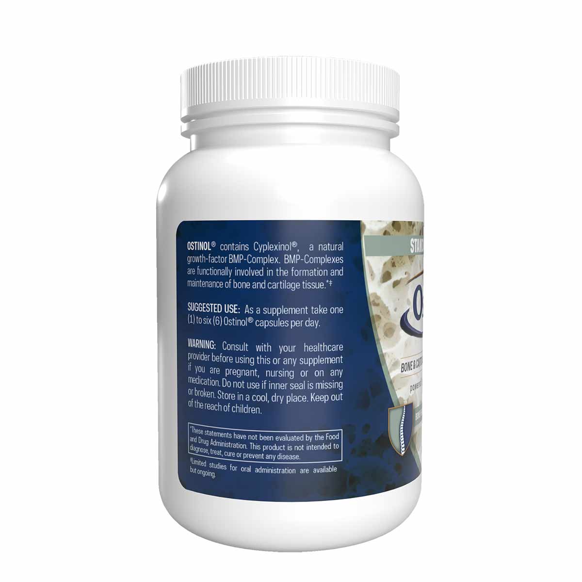 White bottle with dark blue label containing Ostinol Standard 150 capsules by ZyCal Bioceuticals with white ribbed cap.