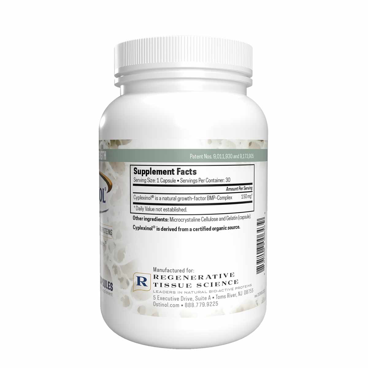 White supplement bottle with white ribbed cap containing 30 capsules of Ostinol Standard 150 by ZyCal Bioceuticals.