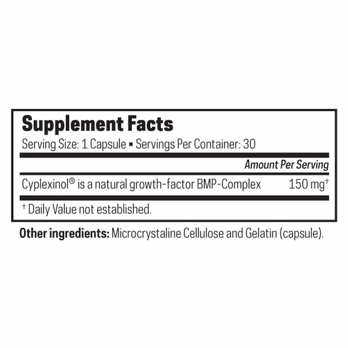 Supplement Facts label showing 30 capsules with 150 mg Cyplexinol per serving.