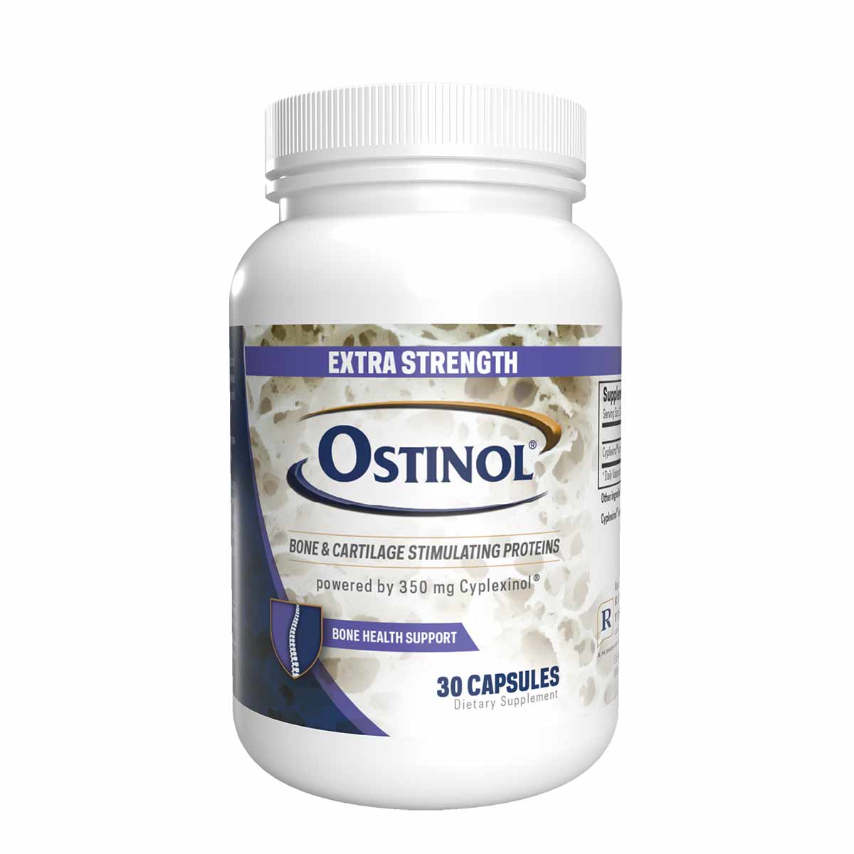 White bottle of Ostinol Extra Strength with blue and purple label containing 30 capsules.