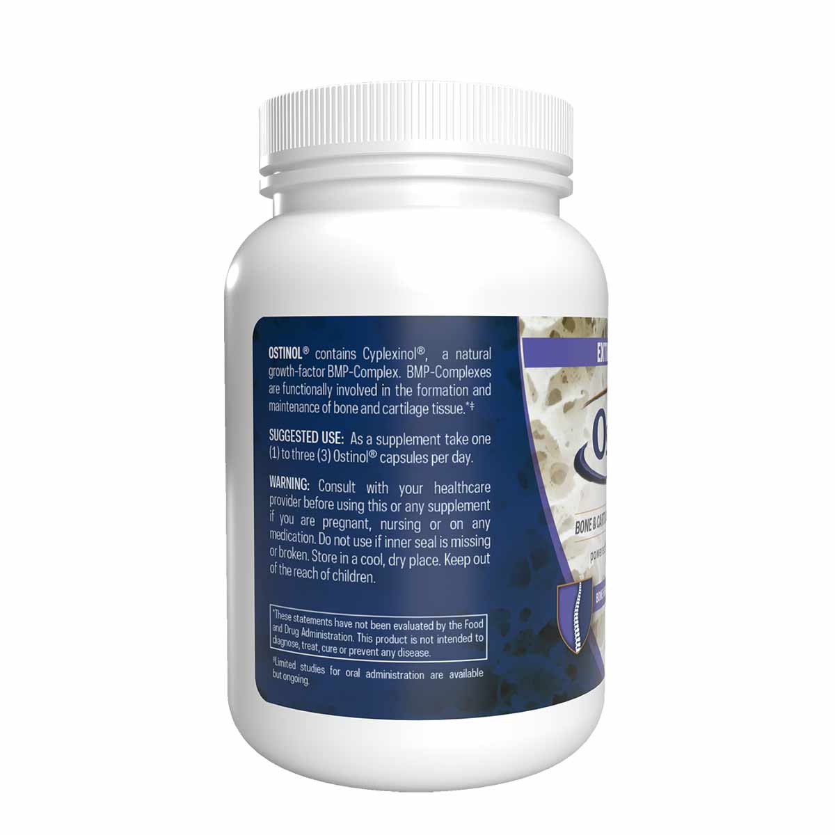 White plastic bottle of Ostinol Standard 350 capsules by ZyCal Bioceuticals with dark blue label and white ribbed cap.