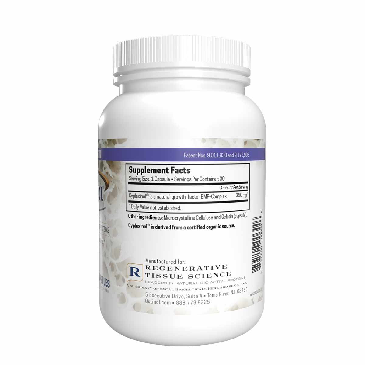 White plastic bottle with white cap containing 30 capsules of Ostinol Standard 350 by ZyCal Bioceuticals, showing supplement 