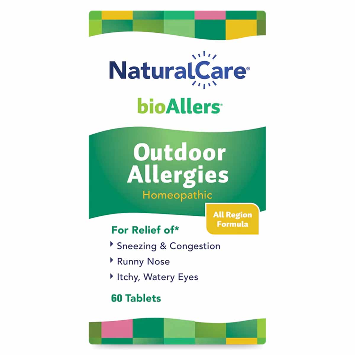 NaturalCare bioAllers Outdoor Allergies bottle label showing 60 tablets for sneezing, congestion, runny nose, and itchy water