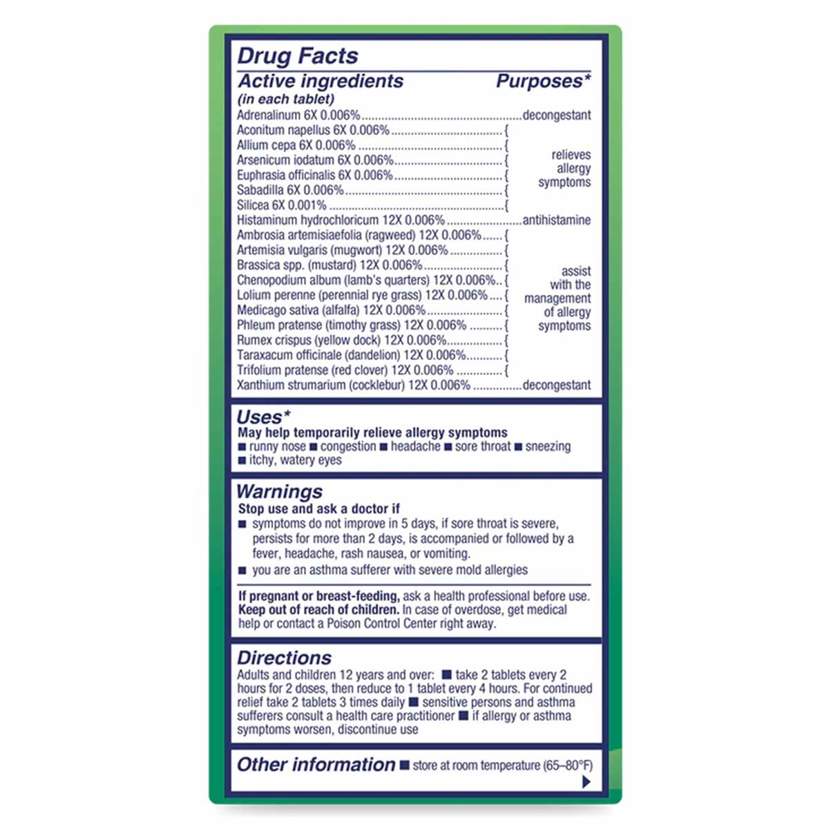 NaturalCare Outdoor Allergies supplement bottle label showing drug facts, ingredients, uses, warnings, and directions for 60 