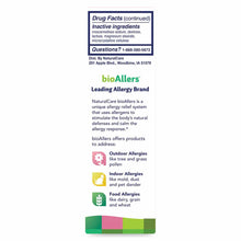 NaturalCare bioAllers product information page showing drug facts, inactive ingredients, and allergy relief system details wi