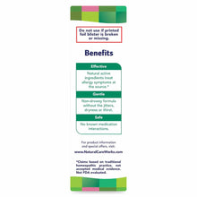 NaturalCare Outdoor Allergies tablet bottle packaging with green and yellow color blocks, benefits information, and product d
