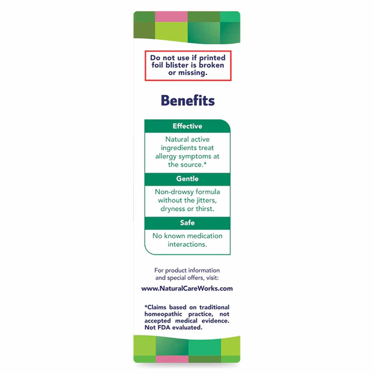 NaturalCare Outdoor Allergies tablet bottle packaging with green and yellow color blocks, benefits information, and product d