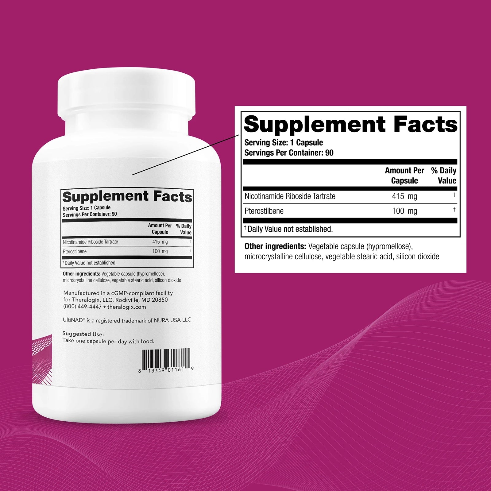 White supplement bottle with white cap on magenta background, showing label with supplement facts and ingredient information.